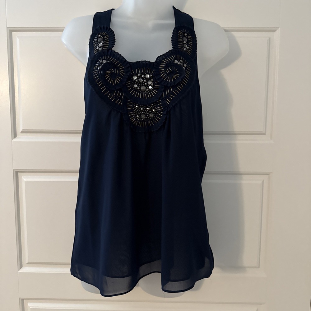 MM Couture by Miss Me Strappy Halter Tank Top S Navy Blue Lined Layering Sequins
